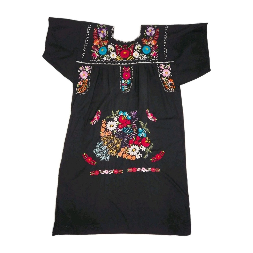 Vintage Black Boho Hand Embroidered Colorful Tunic Mexican Hippie Dress Puebla